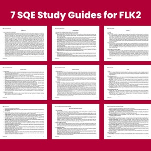 May include: Seven study guides for the FLK2 exam, each with a title and a list of topics. The guides are printed on white paper with black text and are arranged in a grid pattern.