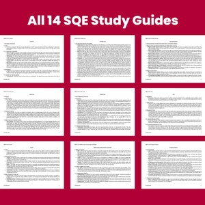 May include: A red background with white text that reads "All 14 SQE Study Guides". The image is divided into 9 sections, each with a different study guide title and text.