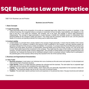 May include: A document titled "SQE Business Law and Practice" with detailed legal concepts. The text covers topics like legal personality, limited liability, and sole trader characteristics. The document is on a maroon background.