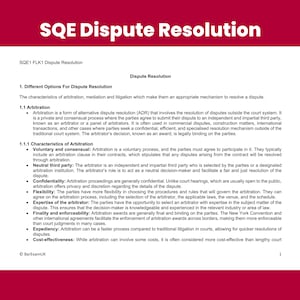 May include: A page from a legal textbook discussing different options for dispute resolution, including arbitration, mediation, and litigation. The text highlights the characteristics of arbitration, such as its voluntary and consensual nature, the role of a neutral third party, and its confidentiality.