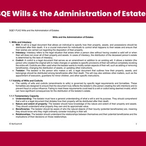 May include: A page from a legal textbook titled "SQE Wills & the Administration of Estates". The page discusses the legal definitions of wills, intestacy, codicils, and testators. It also covers the validity of wills and codicils and the testamentary capacity required to create a valid will.