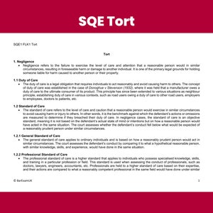 May include: A page from a legal textbook titled "SQE Tort" with a red header and black text. The page discusses the concept of negligence in tort law, including the duty of care and the standard of care.