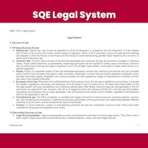 May include: A document outlining the sources of law in the United Kingdom, including statute law, common law, equity, European Union law, and constitutional law. The document also mentions secondary sources of law, such as legal encyclopedias.