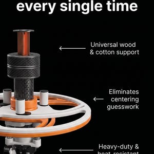 Op de afbeelding: Een zwart en oranje lont-centreergereedschap met koolstofvezeltextuur, een witte cirkelvormige geleider, metalen onderdelen en de teksten: Universal wood & cotton support, Eliminates centering guesswork, Heavy-duty & heat-resistant, SHOP THE WICK SETTER.