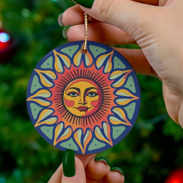 Sun Face Christmas Ornament, Boho Style, Bohemian, Hippie Design, Moon Face, Spirituality, Celestial, Spiritual Style, Winter Solstice