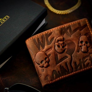 Cartera de piel marrón personalizada con estampado de calavera en relieve en 3D: cartera para hombre hecha a mano con acabado patinado