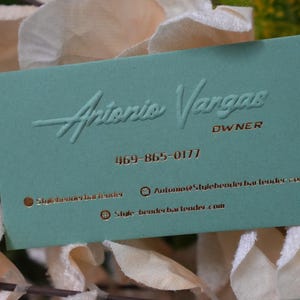 100 Moscow Macha Tea Business Cards or Hang Tags | Luxury 500 GSM | Embossed Logo + Custom Die Hot Foil Press | Thick Uncoated Cardstock