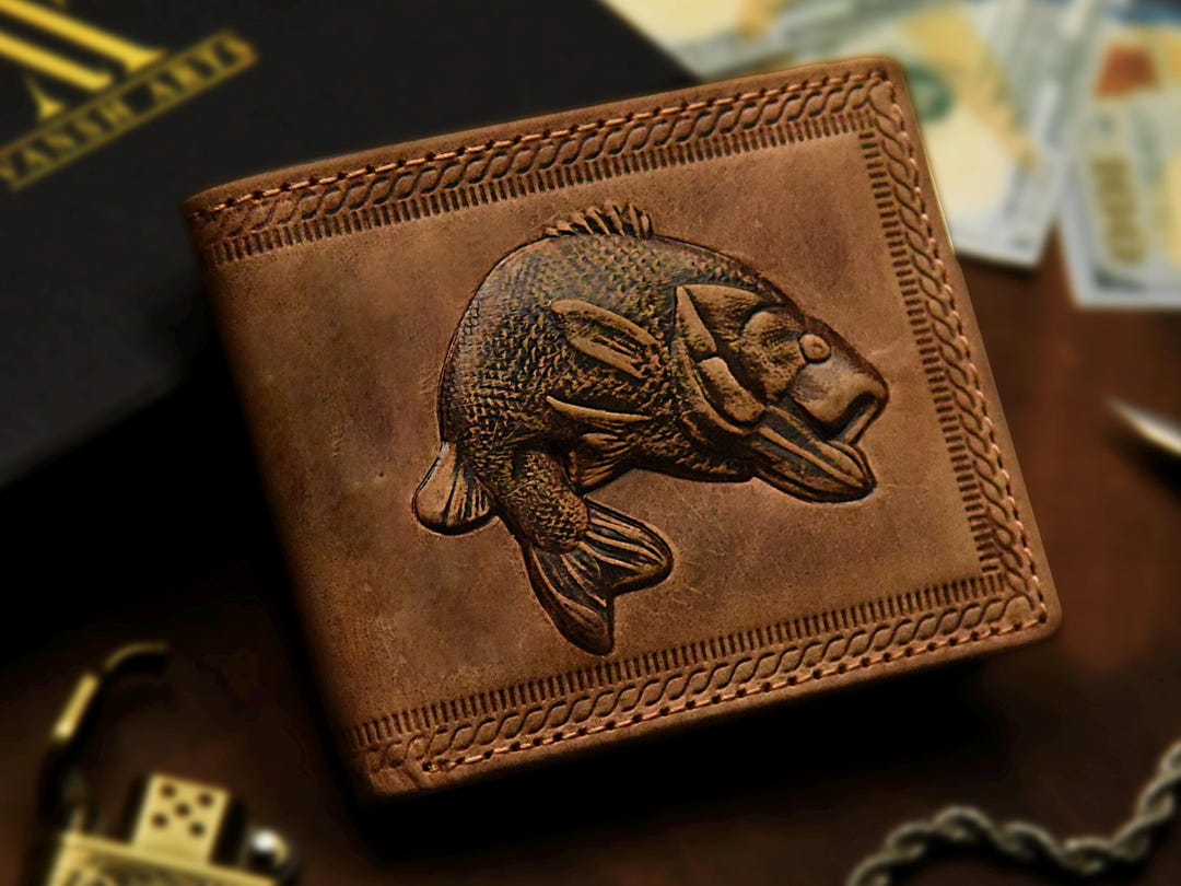 Real Fish Wallet Personalized Leather 3D Embossed Fish Design Tan Color RFID Protected ...