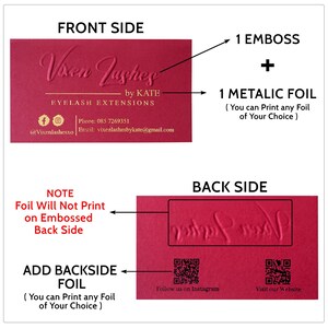May include: Red business card design with the text "Vixen Lashes" and contact information. The card features an embossed front side and a metallic foil option. The back side includes a foil option and QR codes for Instagram and website.