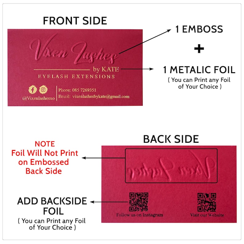 May include: Red business card design with the text "Vixen Lashes" and contact information. The card features an embossed front side and a metallic foil option. The back side includes a foil option and QR codes for Instagram and website.