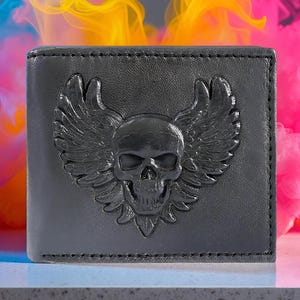 3D Skull Wings Embossed Leather Black Bifold Wallet | Personalized Option | RFID Protection | Napa Leather | Gothic Biker Gift