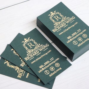Goldfolie Visitenkarten | QR-Calling Cards mit Goldfolien-Stempel | Goldfolie dunkelgrüne Visitenkarten | Luxuriöse grüne Karten