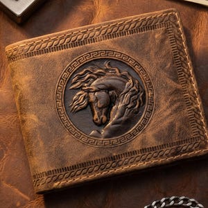 Portafoglio in pelle con design celtico a forma di cavallo 3D / A due ante con protezione RFID personalizzabile / Regalo equestre vintage color cuoio