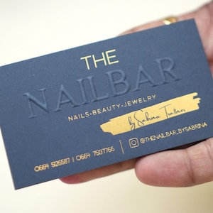 100 Nairobi Navy Blue Business Cards or Hang Tags | Luxury 500 GSM | Embossed Logo + Custom Die Hot Foil Press | Thick Uncoated Cardstock