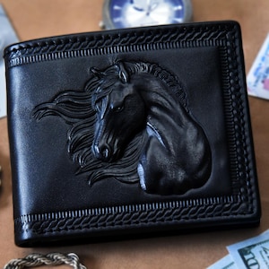 Cartera RFID de cuero genuino con diseño de caballo 3D personalizado, regalo para él. Cartera plegable negra personalizada para cumpleaños, aniversario, día del padre, para hombre.