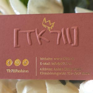 100 Rio Rosebud Business Cards or Hang Tags | Luxury 500 GSM | Embossed Logo + Custom Die Hot Foil Press | Thick Uncoated Cardstock
