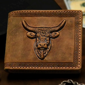Cartera de cuero personalizada con diseño de cabeza de toro en relieve 3D, color tostado, con protección RFID para hombre. Regalo para esposo, padre, novio o hermano.