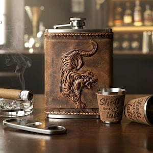 Set de petaca de tigre personalizada, petaca forrada en cuero, vasos para chupitos y embudo