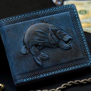 Personalized Leather 3D Embossed Fish Design Blue Color RFID Protected Wallet for Men | Gift for Men, Husband, Father, Boyfriend, Brother