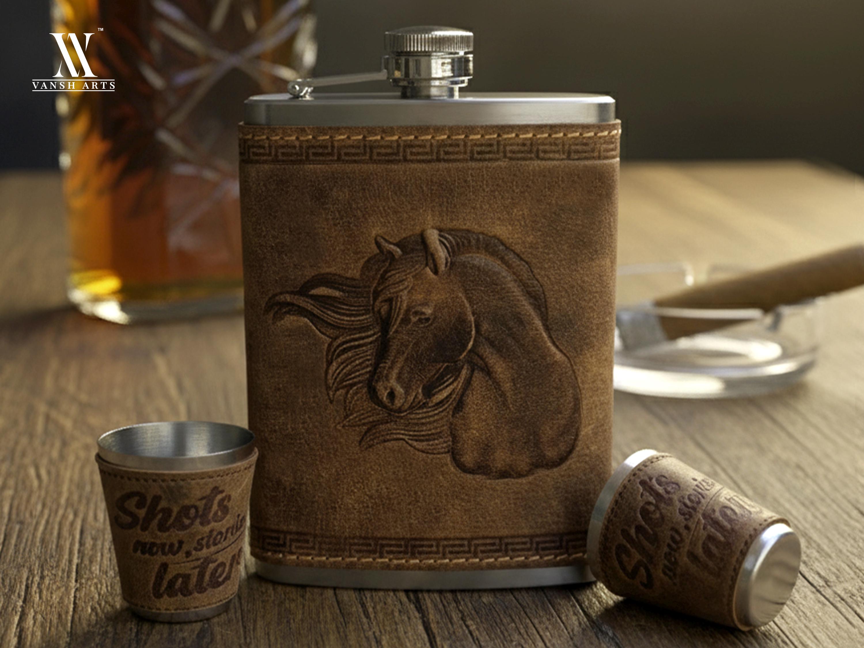 Personalized Horse Hip Flask Set, Leather Wrapped Stainless Steel, Christmas Gift
