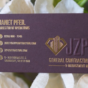 100  Pisa Portwine Business Cards or Hang Tags | Luxury 500 GSM | Embossed Logo + Custom Die Hot Foil Press | Thick Uncoated Cardstock