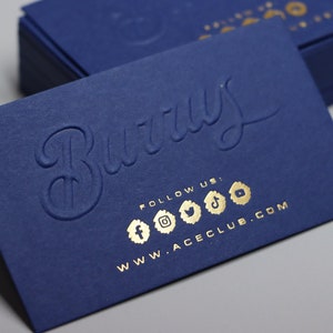 100 LUXE Blue Embossed Business Cards | Foil Stamped Calling Cards | Thick Uncoated Cards | Personalized Branding