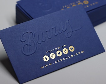 Embossed Royal Blue Business Cards: Foil Stamped, Personalized