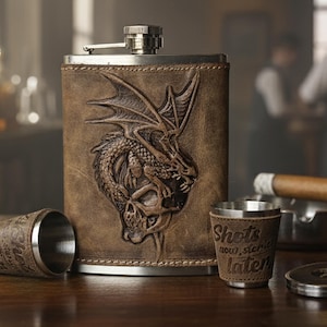 Personalized Dragon Skull Leather Hip Flask Set, Stainless Steel, Gothic Gift