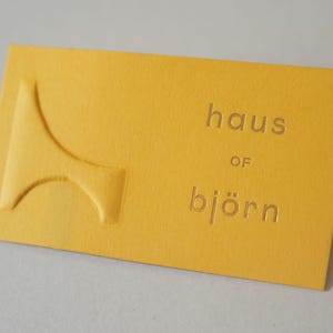100 New York Yellow Business Cards or Hang Tags | Luxury 500 GSM | Embossed Logo + Custom Die Hot Foil Press | Thick Uncoated Cardstock