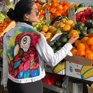 Jeans Jacket hand-painte, diferents sizes, pieces of clothing, your personal story made into color, painted in acrylics, easy to wash