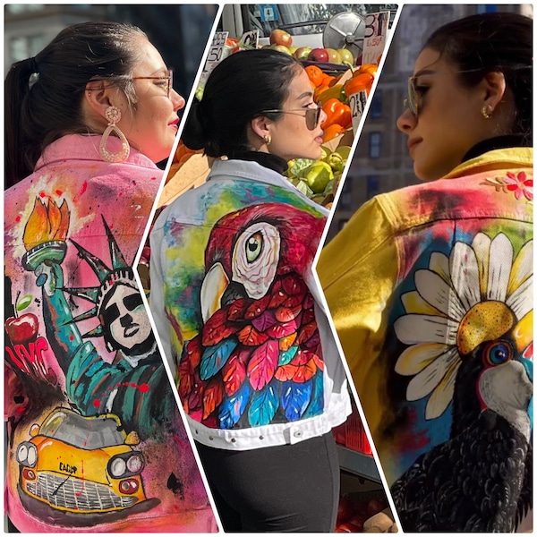 Jeans Jacket hand-painted, differents sizes, pieces of clothing, your personal story made into color, painted in acrylics, easy to wash