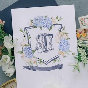 Blue Hydrangea floral crest | Wedding Watercolor Crest | White Floral Watercolor Crest |  Blue and white florals crest