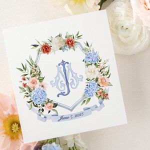 Coral, Blue and White floral crest | Wedding Watercolor Crest | White Floral Watercolor Crest |  Semi custom Flower wedding monogram crest