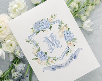 Blue and White floral crest | Wedding Watercolor Crest | White Floral Watercolor Crest |  Blue hydrangea crest