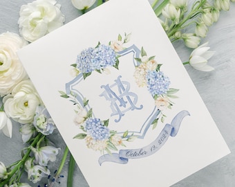 Blue and White floral crest | Wedding Watercolor Crest | White Floral Watercolor Crest |  Blue hydrangea crest