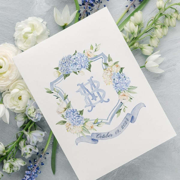 Blau-Weißes Blumenkamm | Hochzeit Aquarell Wappen | Weißer Blumen Aquarell Kamm | Blauer Hortensienkamm