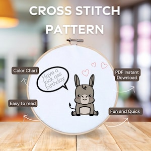 Kick Ass Birthday Craft a birthday surprise with the cross stitch PDF chart, featuring a kawaii donkey for a humorous touch.