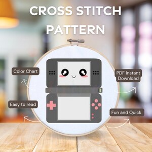 May include: A cross stitch pattern of a cute cartoon Nintendo DS handheld game console. The pattern includes a color chart and is easy to read. The pattern is available for instant download as a PDF.