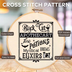 Black Cat Apothecary, Counted Cross Stitch Chart, Easy Beginner, Stitching, PDF, Halloween, Decor, Fall, Autumn, Pattern, Spooky Smalls