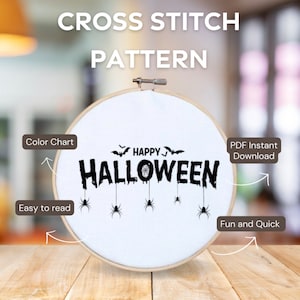 Happy Halloween, Counted Cross Stitch Chart, Easy Beginner, Stitching, PDF, Halloween, Decor, Spooky, Fall, Autumn, Pattern, Spooky Smalls