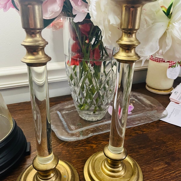 Gorgeous pair of vintage brass & lucite candlesticks, mid century