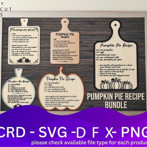 Pumpkin Pie Recipe Cutting Board Laser Cut Files Bundle SVG File, 4 Vector Design, Plan Laser, Cnc Pattern, Laser Cut Model Template