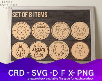 Lucky Coins lasergesneden bestanden bundel SVG-bestand, 8 vectorontwerp, planlaser, CNC-patroon, lasergesneden modelsjabloon