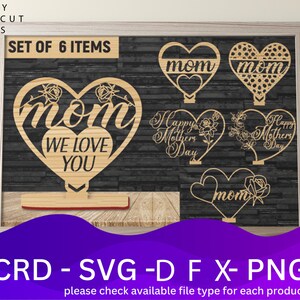 Pacote de arquivos de corte de sinal de coração de mãe arquivo SVG, design de 6 vetores, plano de laser, padrão CNC, modelo de modelo de corte a laser
