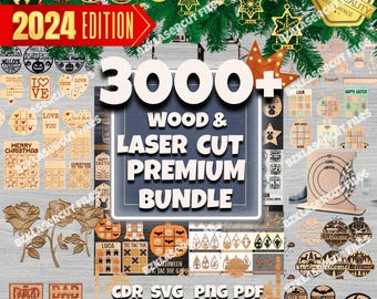 May include: A collage of 3000+ wood and laser cut designs for crafting projects. The designs include ornaments, signs, and game boards. The image includes the text "2024 Edition", "Wood & Laser Cut Premium Bundle", and "CDR SVG PNG PDF".