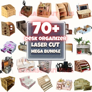 Puede incluir: Una colección de más de 70 organizadores de escritorio de madera cortados con láser en varios estilos y tamaños. Los organizadores están hechos de madera natural y presentan diseños intrincados. Los organizadores son perfectos para organizar artículos de oficina, maquillaje, joyas y otros artículos pequeños.