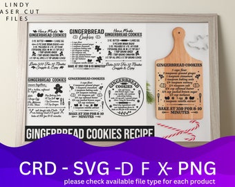 May include: A digital download of gingerbread cookie recipe designs. The designs include a cutting board with a gingerbread cookie recipe, a gingerbread cookie recipe card, and a gingerbread cookie recipe circle. The designs are in black and white and are perfect for laser cutting.