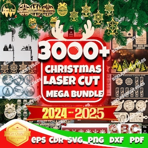 Pacote de corte a laser de Natal | Arquivos de laser para enfeites | Arquivos de gravação CNC para decorações de árvores | para 2024-2025