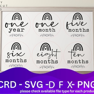 May include: Six round white circles with black outlines and black text on a white background. Each circle features a rainbow with a heart at the top and text that reads "one year", "one month", "five months", "six months", "eight months", and "ten months".