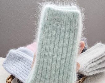 Meias de inverno de angorá leves e macias para mulheres – Tricô canelado até a metade da panturrilha, luxuosas, quentes e confortáveis, um ótimo presente de Natal.